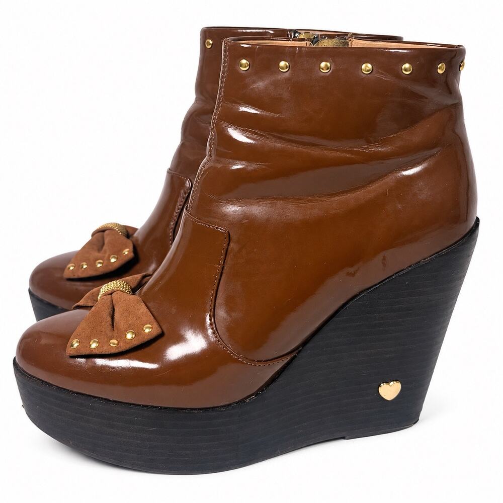 Love Moschino Patent Ankle Boots Brown Bow Studded Platform Wedge Womens 8.5